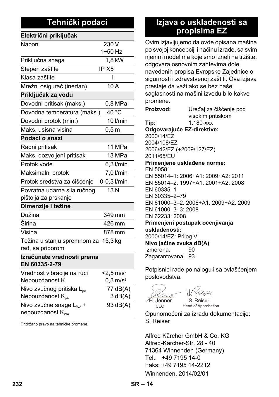 Tehnički podaci, Izjava o usklađenosti sa propisima ez | Karcher K 4 Premium eco!ogic Home User Manual | Page 232 / 286