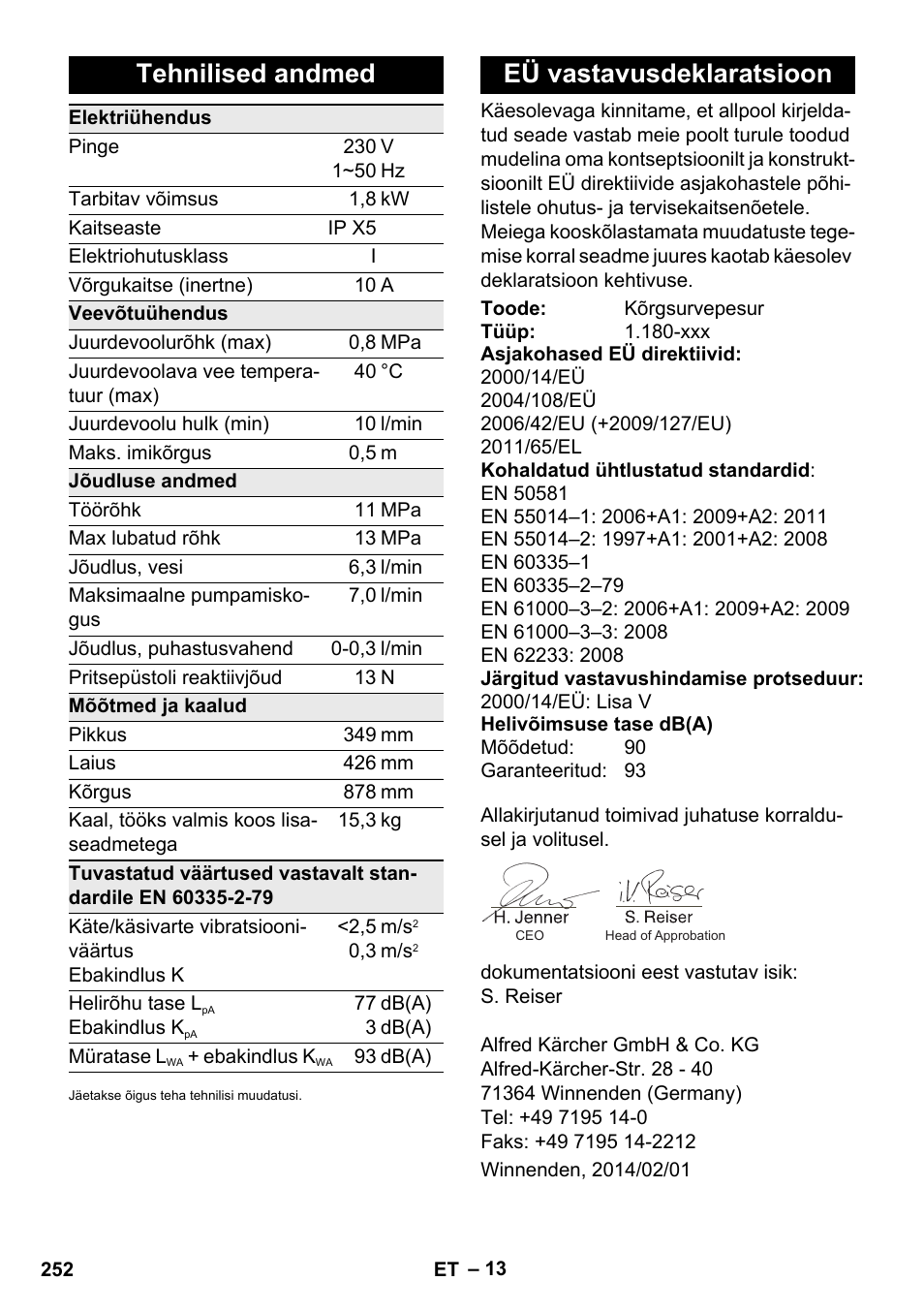 Tehnilised andmed, Eü vastavusdeklaratsioon | Karcher K 4 Premium eco!ogic Home User Manual | Page 252 / 286