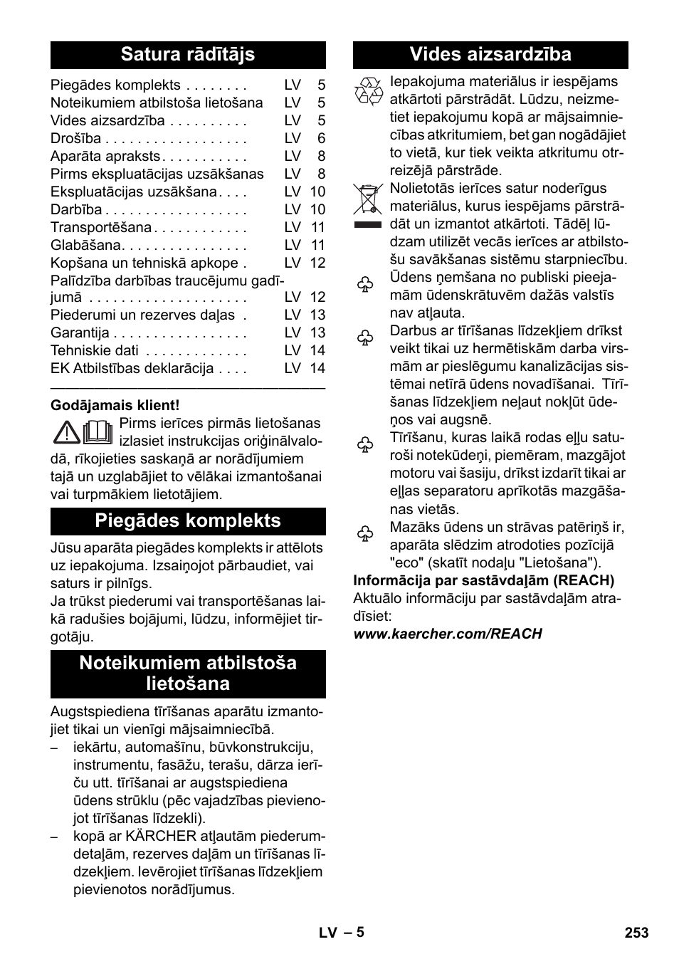 Latviešu, Satura rādītājs, Piegādes komplekts | Noteikumiem atbilstoša lietošana, Vides aizsardzība | Karcher K 4 Premium eco!ogic Home User Manual | Page 253 / 286
