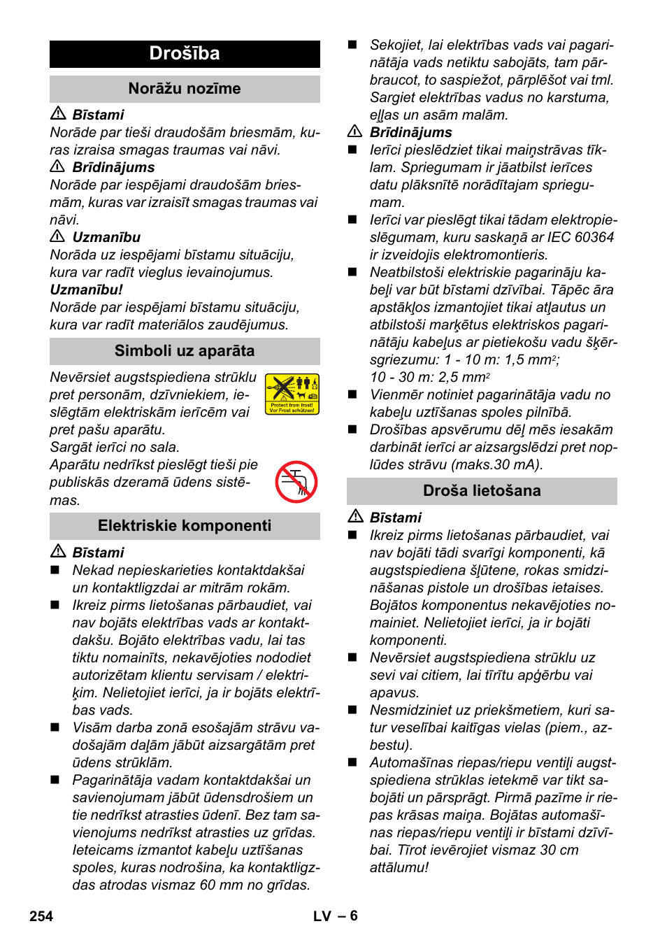 Drošība, Norāžu nozīme, Simboli uz aparāta | Elektriskie komponenti, Droša lietošana | Karcher K 4 Premium eco!ogic Home User Manual | Page 254 / 286