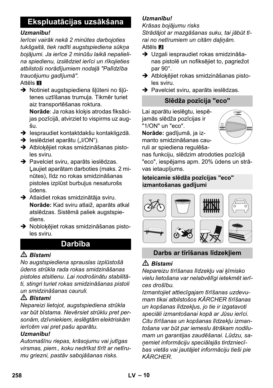 Ekspluatācijas uzsākšana, Darbība, Slēdža pozīcija "eco | Darbs ar tīrīšanas līdzekļiem, Ekspluatācijas uzsākšana darbība | Karcher K 4 Premium eco!ogic Home User Manual | Page 258 / 286