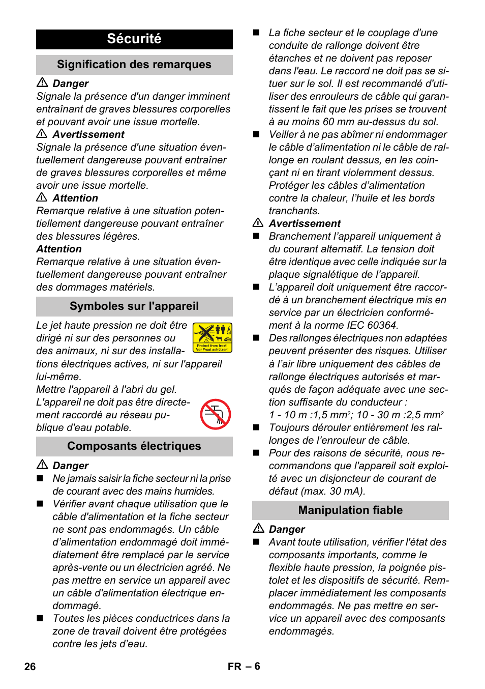 Sécurité, Signification des remarques, Symboles sur l'appareil | Composants électriques, Manipulation fiable | Karcher K 4 Premium eco!ogic Home User Manual | Page 26 / 286