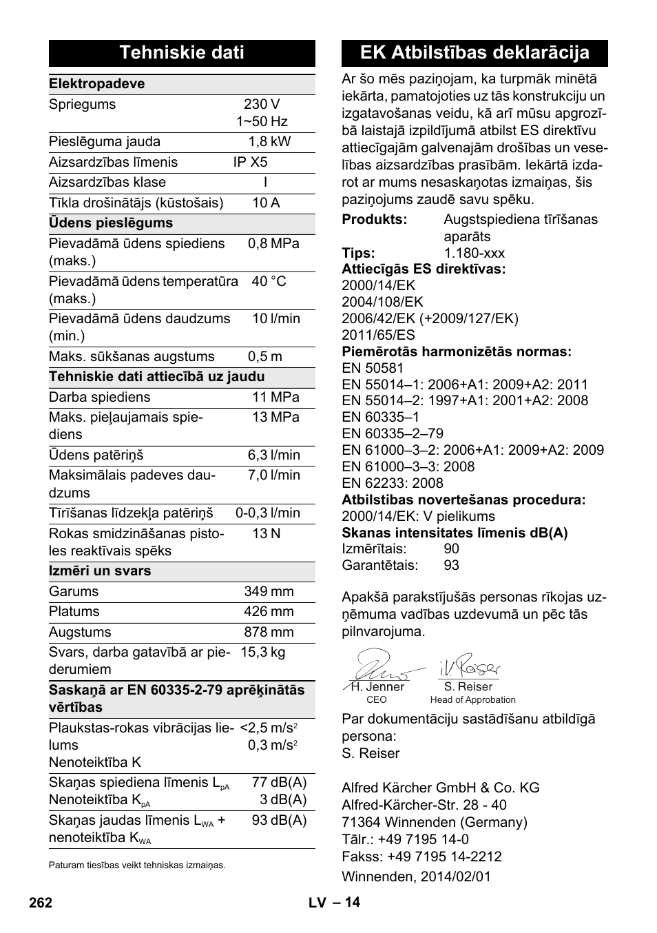 Tehniskie dati, Ek atbilstības deklarācija | Karcher K 4 Premium eco!ogic Home User Manual | Page 262 / 286