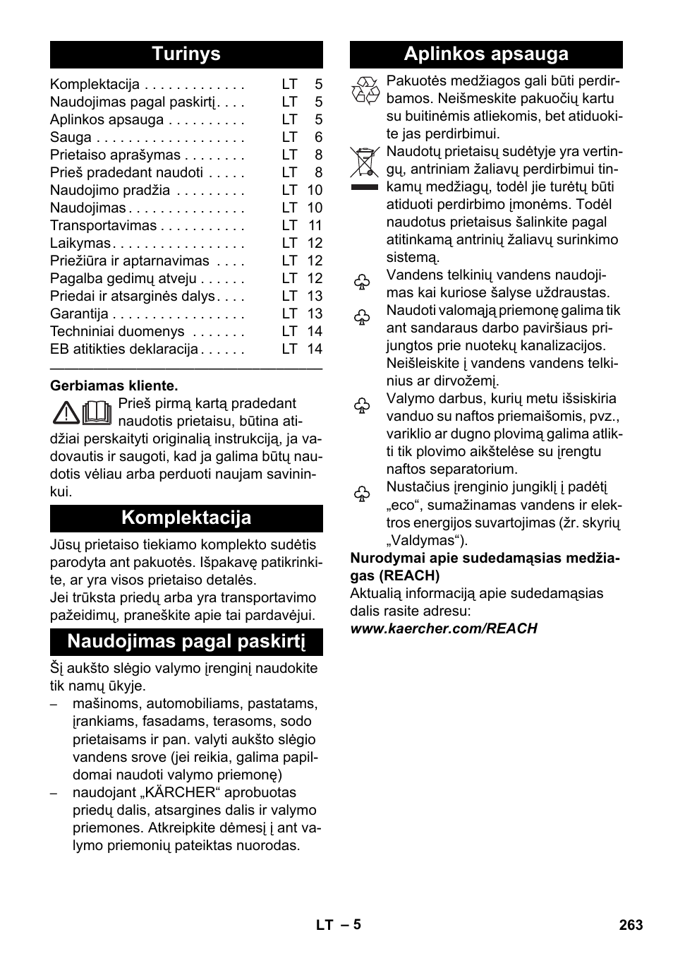 Lietuviškai, Turinys, Komplektacija | Naudojimas pagal paskirtį, Aplinkos apsauga | Karcher K 4 Premium eco!ogic Home User Manual | Page 263 / 286