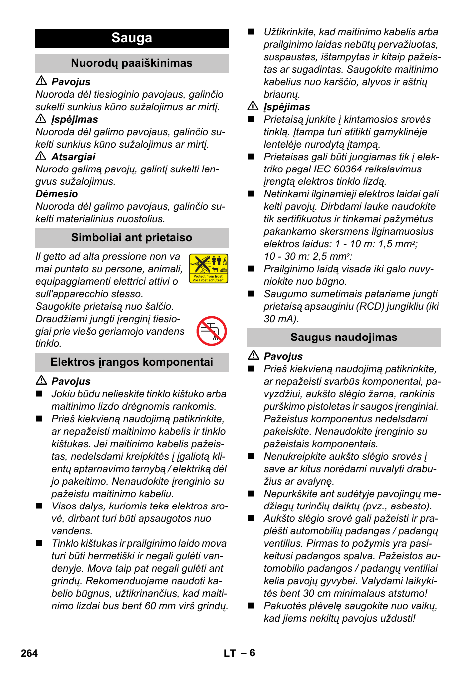 Sauga, Nuorodų paaiškinimas, Simboliai ant prietaiso | Elektros įrangos komponentai, Saugus naudojimas | Karcher K 4 Premium eco!ogic Home User Manual | Page 264 / 286