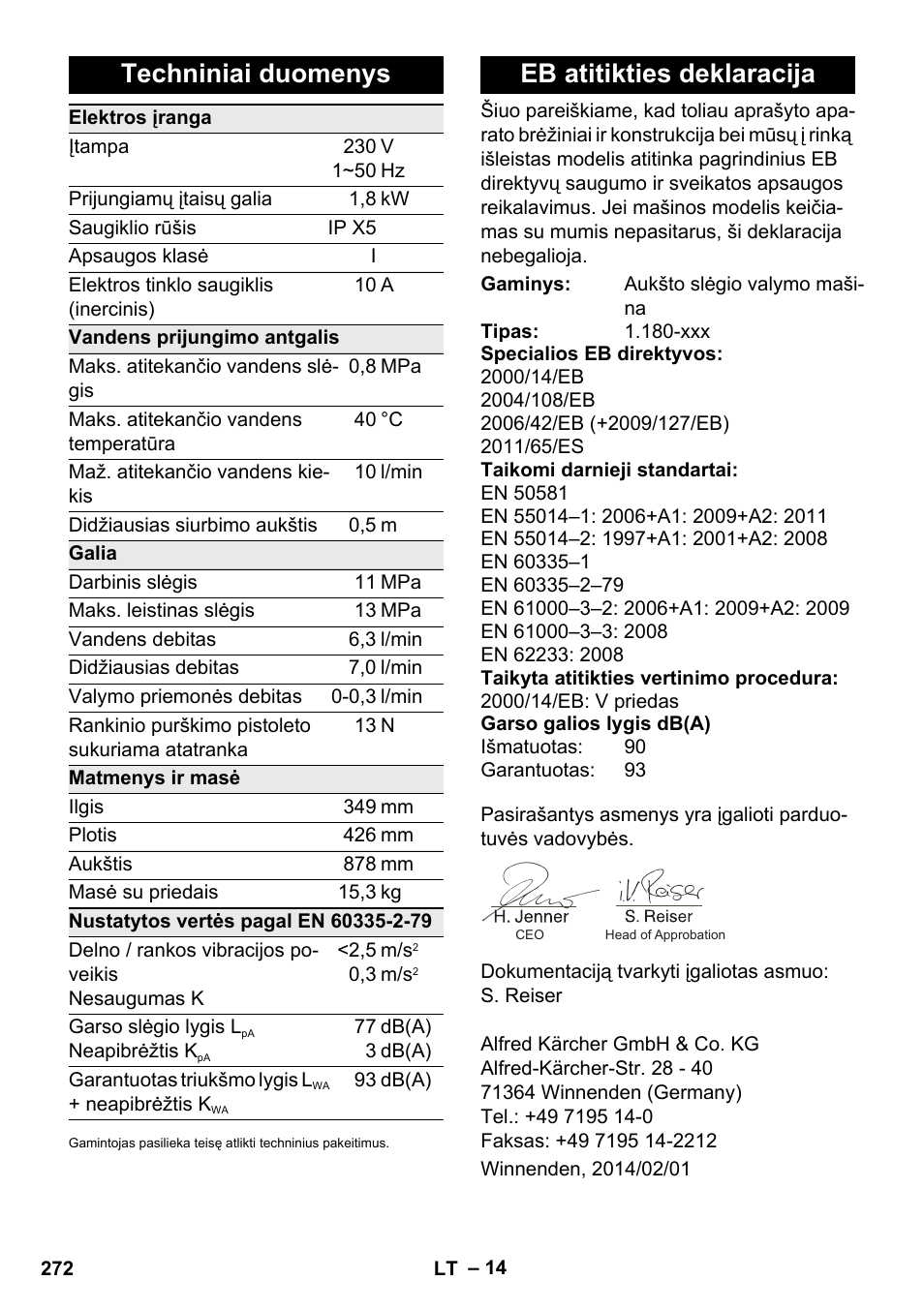 Techniniai duomenys, Eb atitikties deklaracija | Karcher K 4 Premium eco!ogic Home User Manual | Page 272 / 286