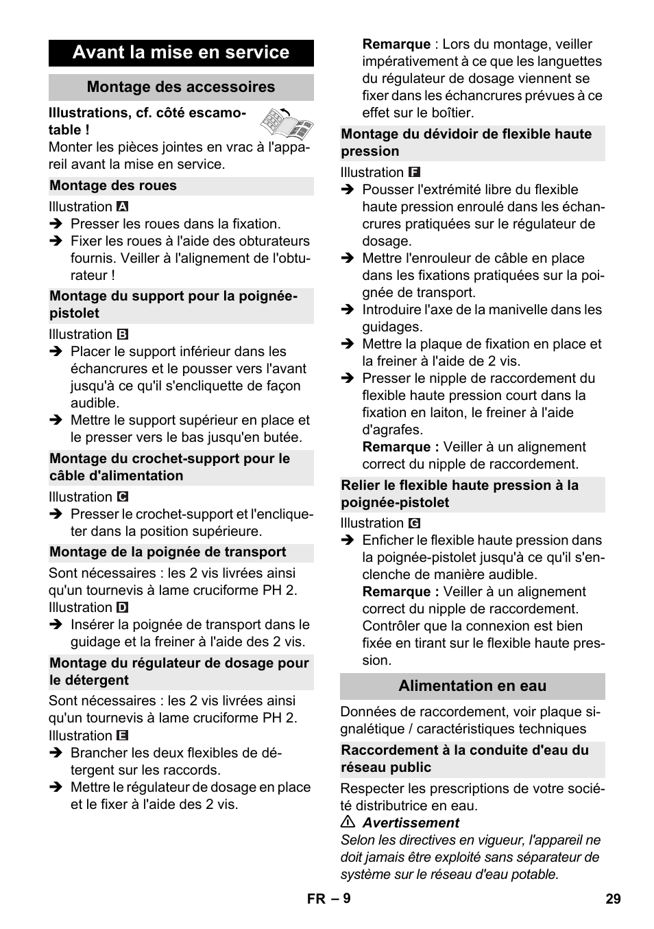 Avant la mise en service, Montage des accessoires, Montage des roues | Montage du support pour la poignée- pistolet, Montage de la poignée de transport, Montage du régulateur de dosage pour le détergent, Montage du dévidoir de flexible haute pression, Alimentation en eau, Raccordement à la conduite d'eau du réseau public | Karcher K 4 Premium eco!ogic Home User Manual | Page 29 / 286