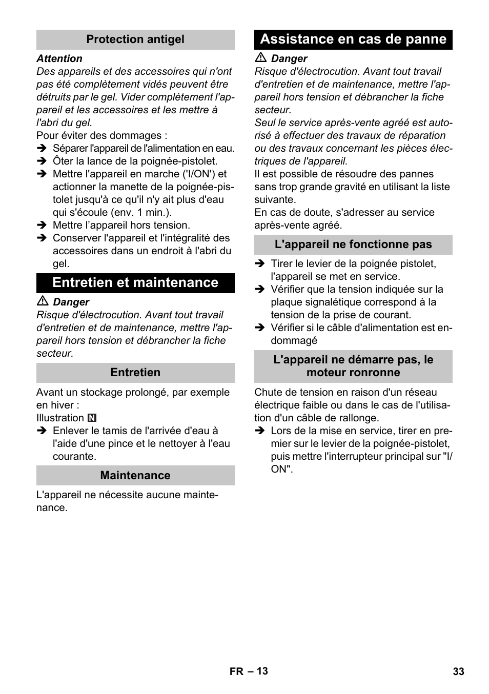 Protection antigel, Entretien et maintenance, Entretien | Maintenance, Assistance en cas de panne, L'appareil ne fonctionne pas, L'appareil ne démarre pas, le moteur ronronne | Karcher K 4 Premium eco!ogic Home User Manual | Page 33 / 286
