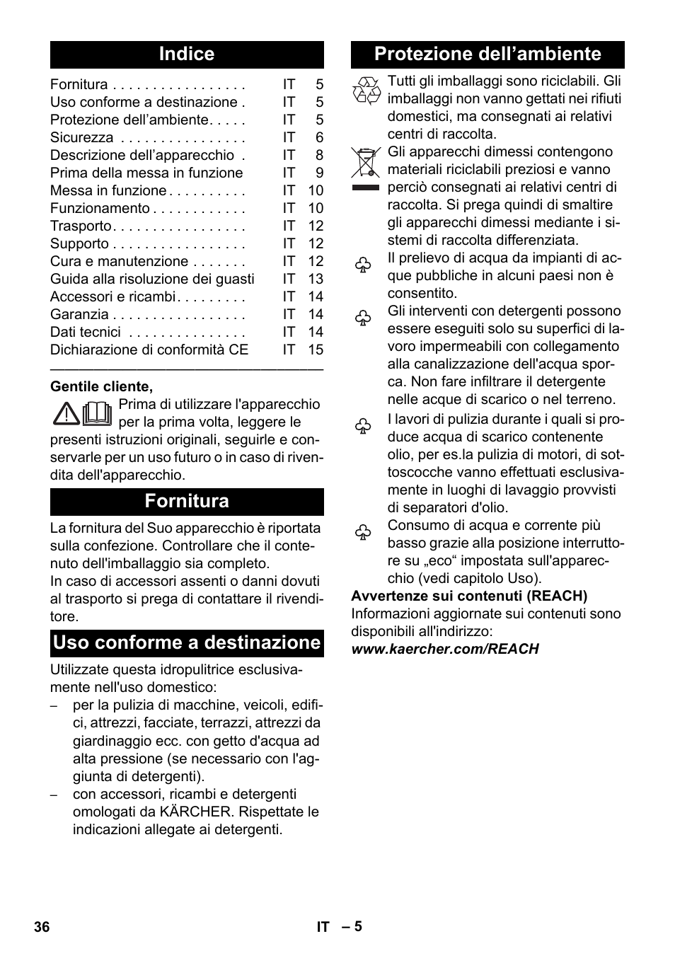Italiano, Indice, Fornitura | Uso conforme a destinazione, Protezione dell’ambiente | Karcher K 4 Premium eco!ogic Home User Manual | Page 36 / 286