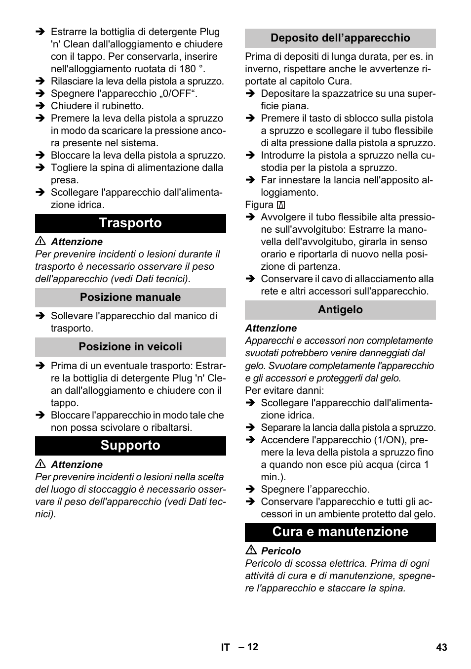 Trasporto, Posizione manuale, Posizione in veicoli | Supporto, Deposito dell’apparecchio, Antigelo, Cura e manutenzione | Karcher K 4 Premium eco!ogic Home User Manual | Page 43 / 286