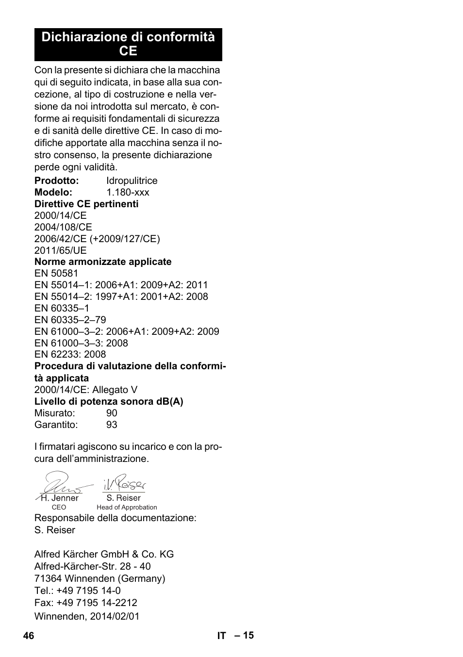 Dichiarazione di conformità ce | Karcher K 4 Premium eco!ogic Home User Manual | Page 46 / 286