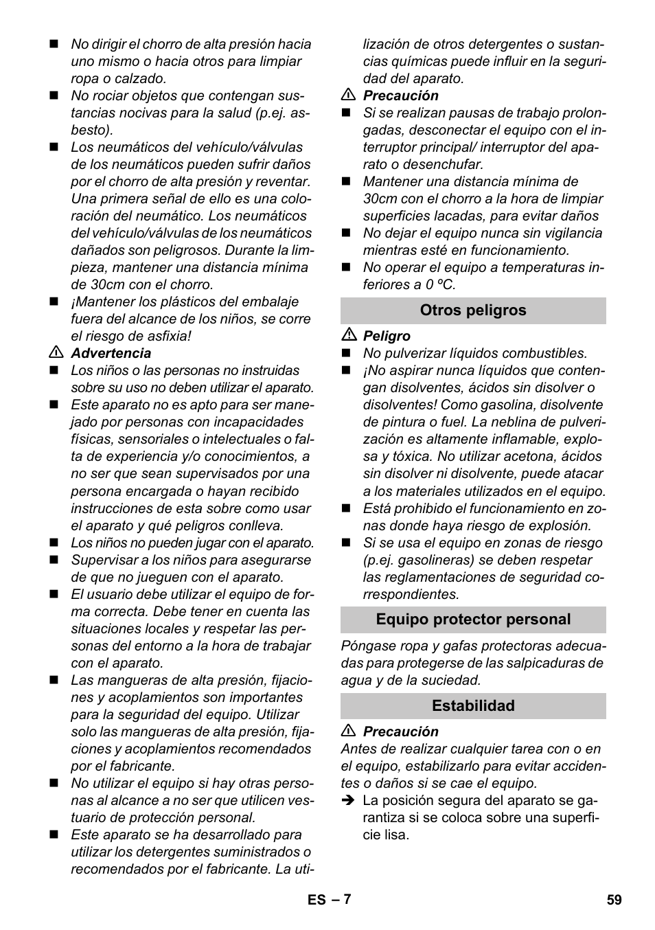 Otros peligros, Equipo protector personal, Estabilidad | Karcher K 4 Premium eco!ogic Home User Manual | Page 59 / 286