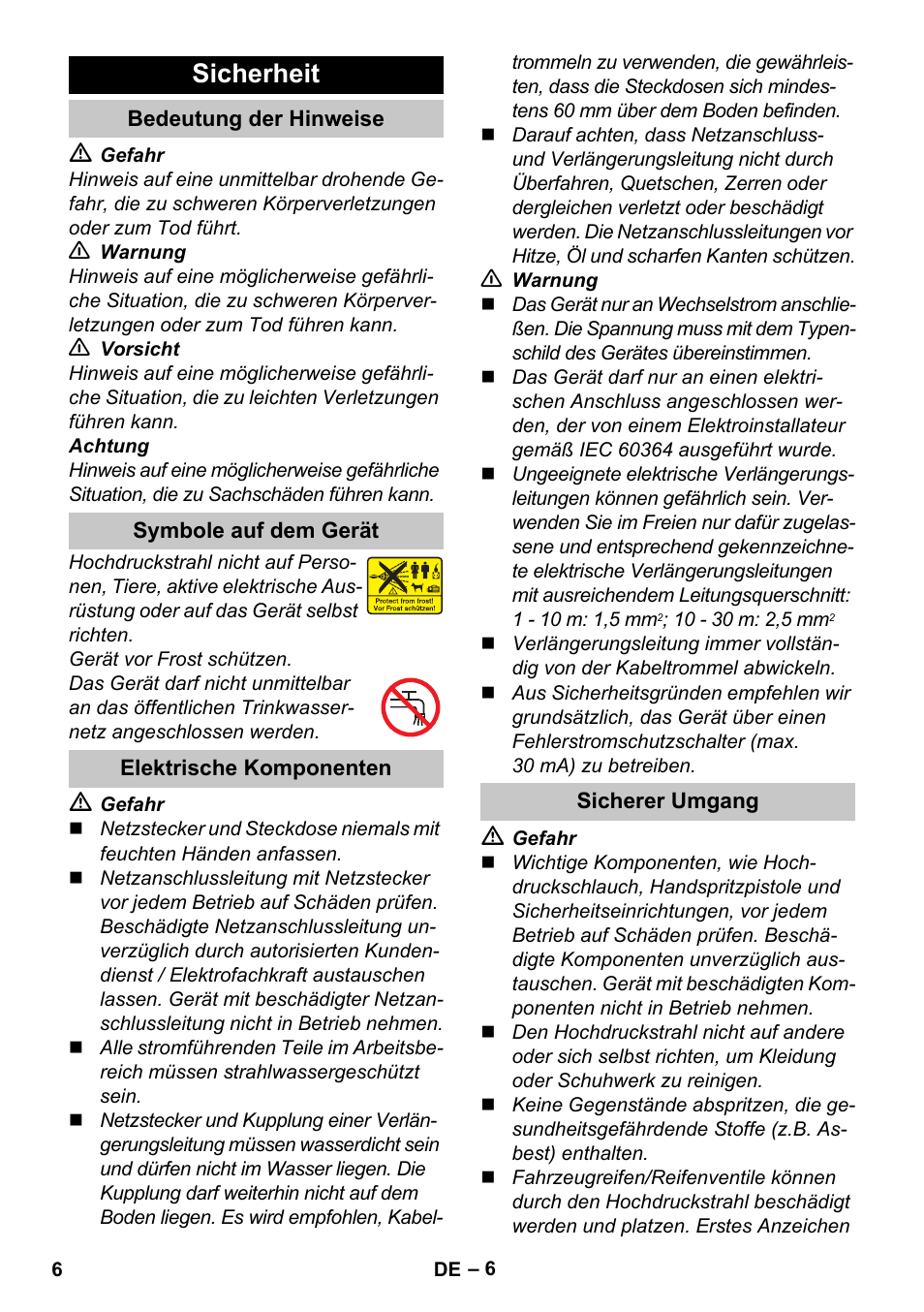 Sicherheit, Bedeutung der hinweise, Symbole auf dem gerät | Elektrische komponenten, Sicherer umgang | Karcher K 4 Premium eco!ogic Home User Manual | Page 6 / 286