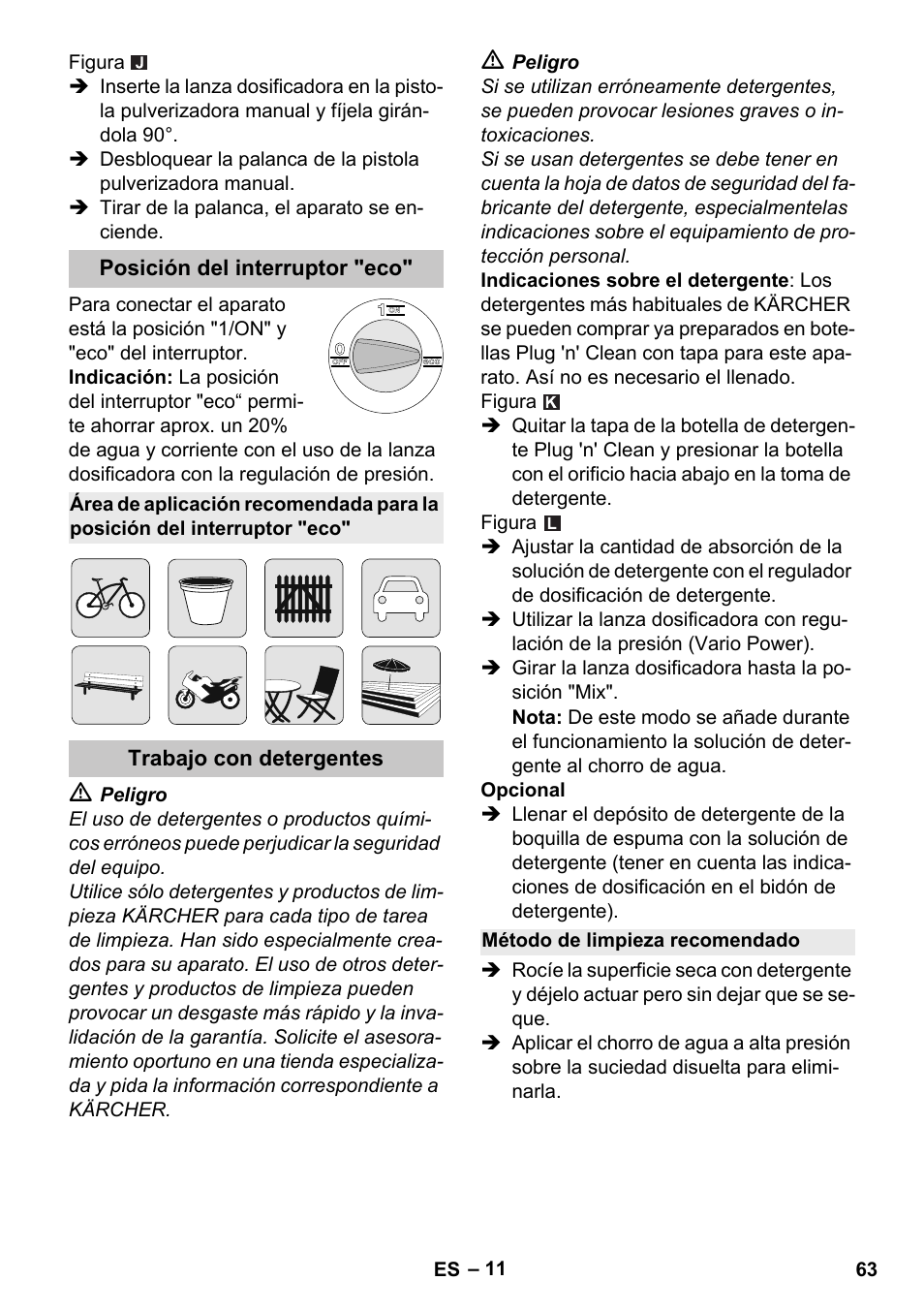 Posición del interruptor "eco, Trabajo con detergentes, Método de limpieza recomendado | Karcher K 4 Premium eco!ogic Home User Manual | Page 63 / 286