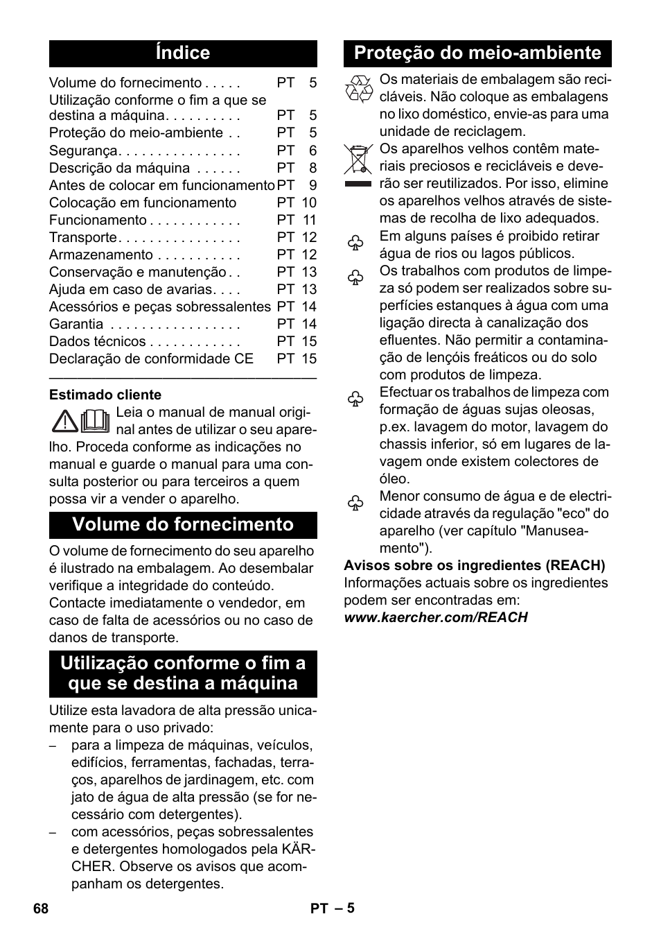 Português, Índice, Volume do fornecimento | Proteção do meio-ambiente | Karcher K 4 Premium eco!ogic Home User Manual | Page 68 / 286
