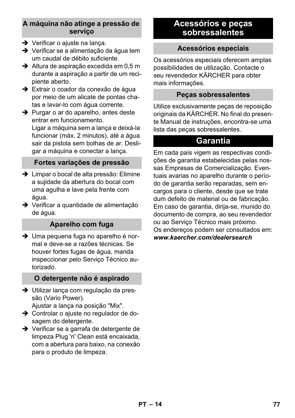 A máquina não atinge a pressão de serviço, Fortes variações de pressão, Aparelho com fuga | O detergente nгo й aspirado, Acessórios e peças sobressalentes, Acessórios especiais, Peças sobressalentes, Garantia | Karcher K 4 Premium eco!ogic Home User Manual | Page 77 / 286
