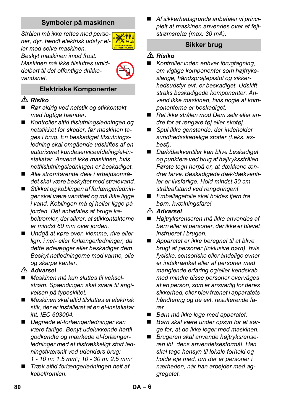 Symboler på maskinen, Elektriske komponenter, Sikker brug | Karcher K 4 Premium eco!ogic Home User Manual | Page 80 / 286