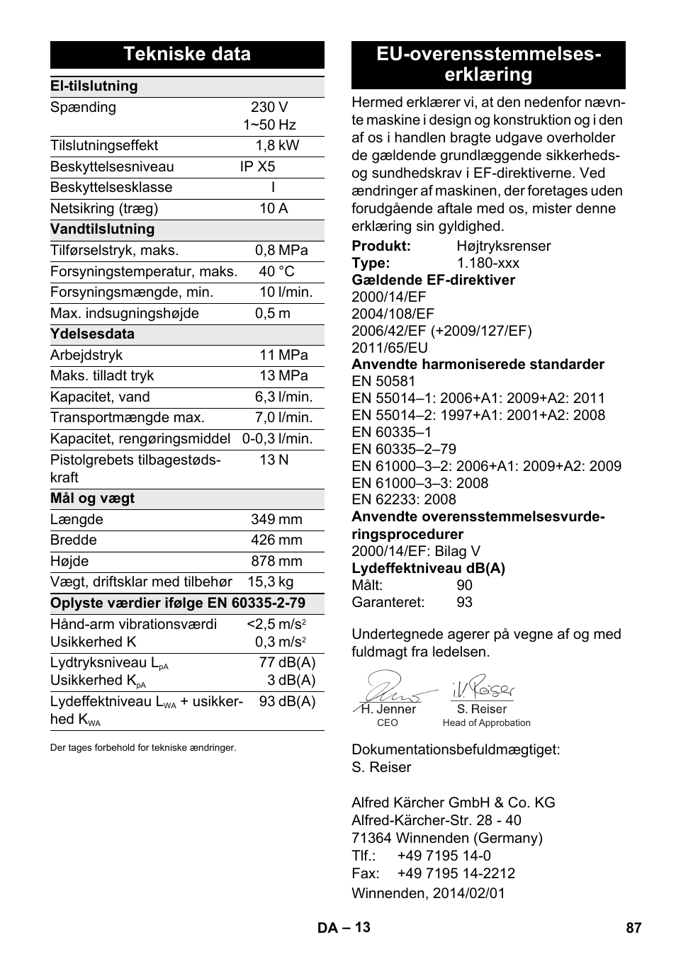 Tekniske data, Eu-overensstemmelses- erklæring | Karcher K 4 Premium eco!ogic Home User Manual | Page 87 / 286