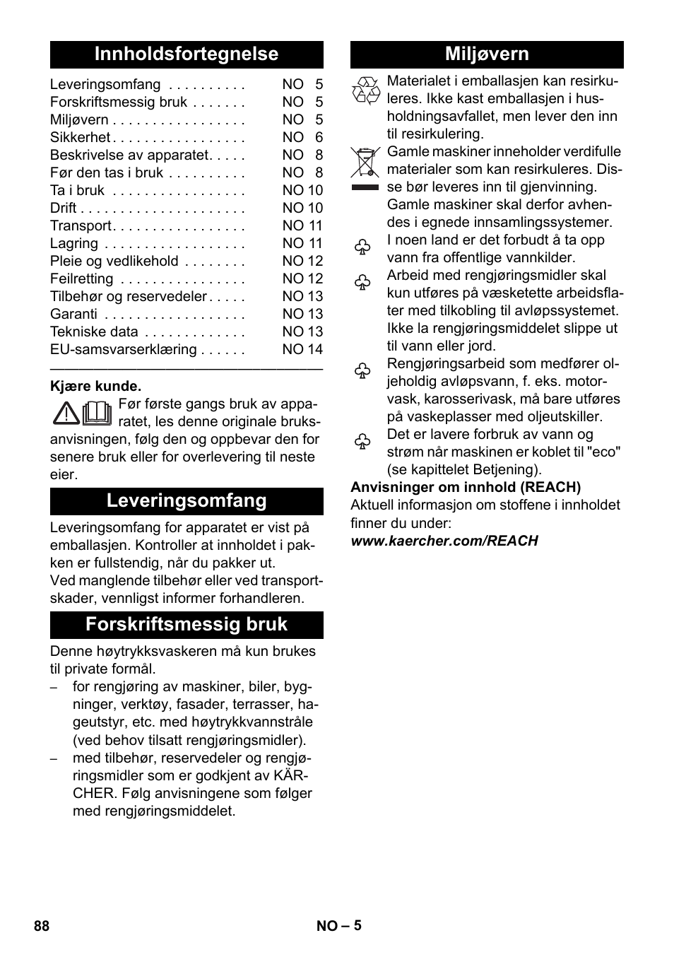 Norsk, Innholdsfortegnelse, Leveringsomfang | Forskriftsmessig bruk, Miljøvern, Leveringsomfang forskriftsmessig bruk miljøvern | Karcher K 4 Premium eco!ogic Home User Manual | Page 88 / 286