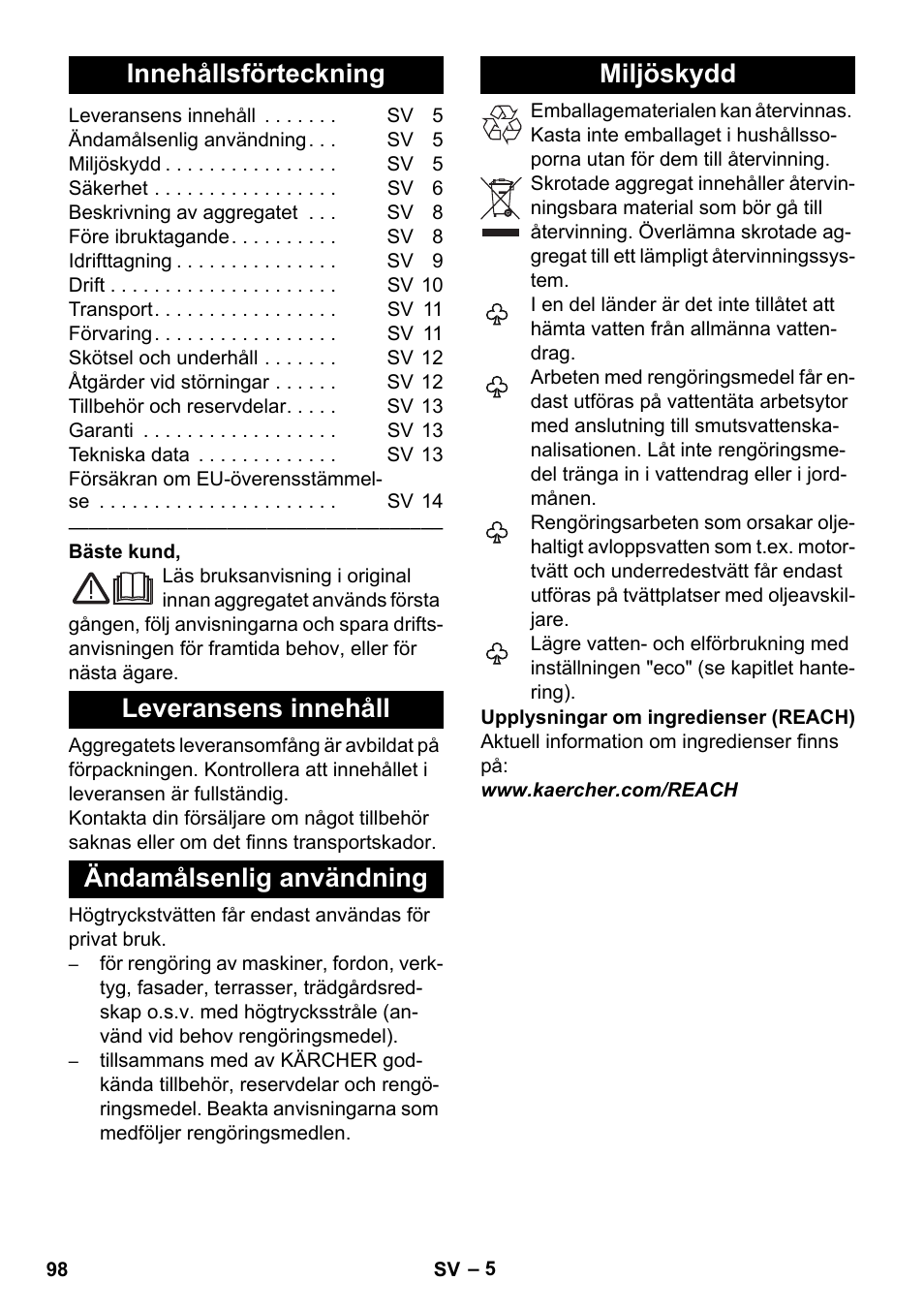 Svenska, Innehållsförteckning, Leveransens innehåll | Ändamålsenlig användning, Miljöskydd | Karcher K 4 Premium eco!ogic Home User Manual | Page 98 / 286