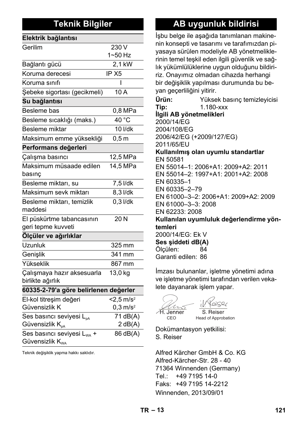 Teknik bilgiler, Ab uygunluk bildirisi | Karcher K 5 Basic User Manual | Page 121 / 254