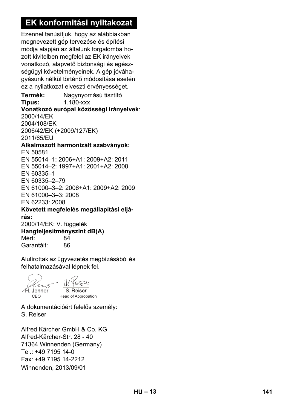 Ek konformitási nyiltakozat | Karcher K 5 Basic User Manual | Page 141 / 254