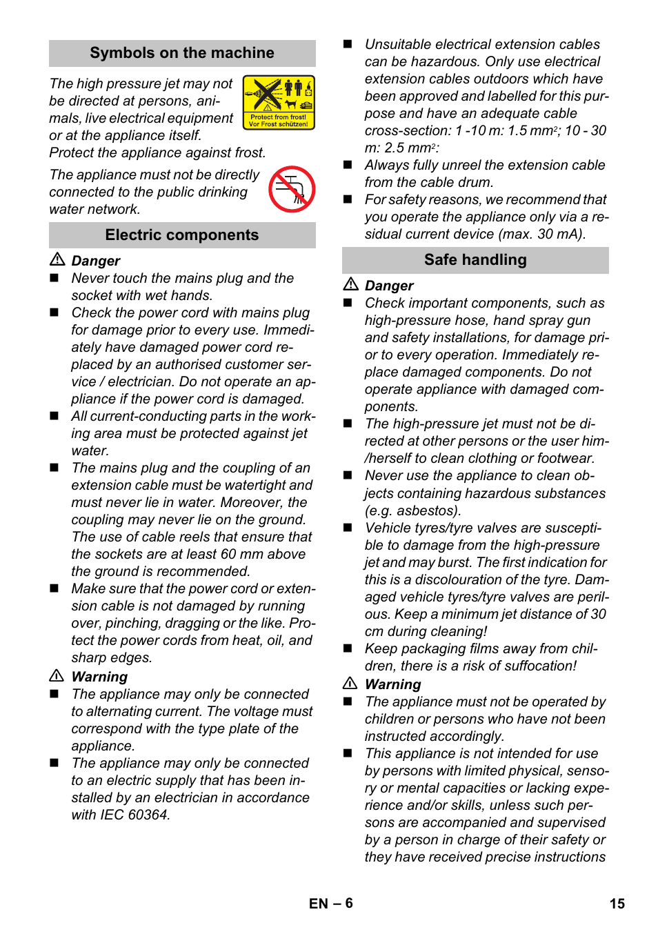 Symbols on the machine, Electric components, Safe handling | Karcher K 5 Basic User Manual | Page 15 / 254