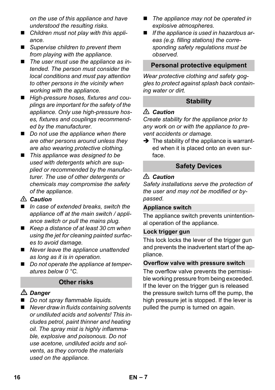 Other risks, Personal protective equipment, Stability | Safety devices, Appliance switch, Lock trigger gun, Overflow valve with pressure switch | Karcher K 5 Basic User Manual | Page 16 / 254