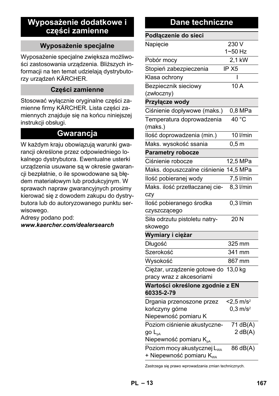 Wyposażenie dodatkowe i części zamienne, Wyposażenie specjalne, Części zamienne | Gwarancja, Dane techniczne, Gwarancja dane techniczne | Karcher K 5 Basic User Manual | Page 167 / 254