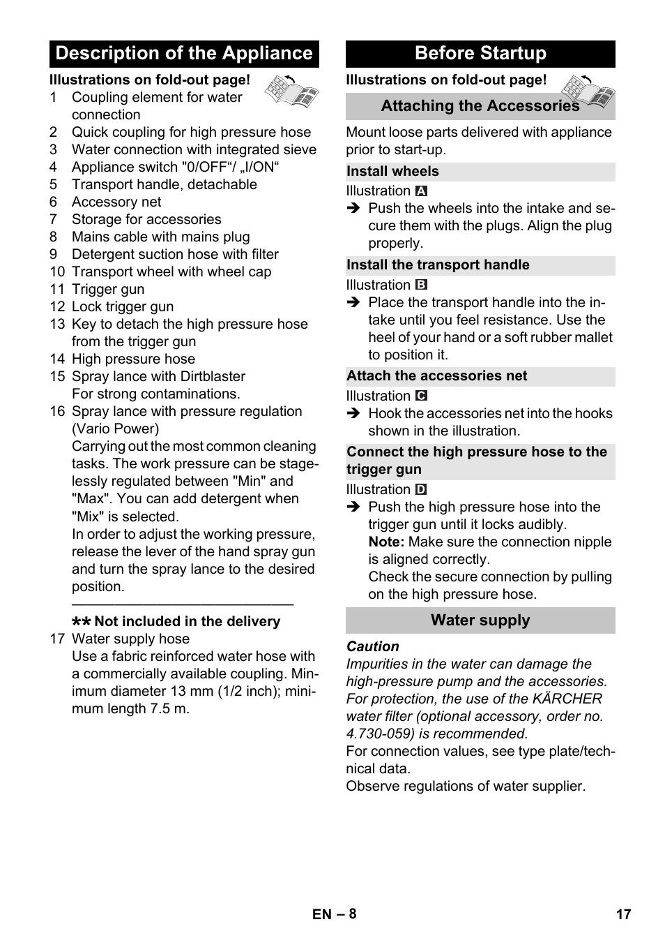 Description of the appliance, Before startup, Attaching the accessories | Install wheels, Install the transport handle, Attach the accessories net, Connect the high pressure hose to the trigger gun, Water supply, Description of the appliance before startup | Karcher K 5 Basic User Manual | Page 17 / 254