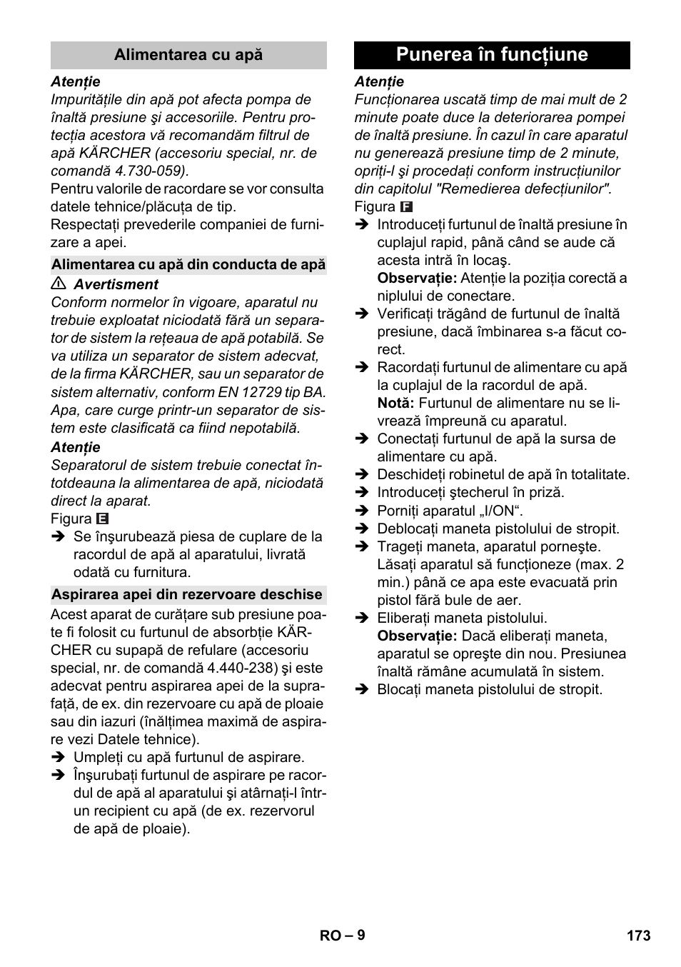 Alimentarea cu apă, Alimentarea cu apă din conducta de apă, Aspirarea apei din rezervoare deschise | Punerea în funcţiune | Karcher K 5 Basic User Manual | Page 173 / 254