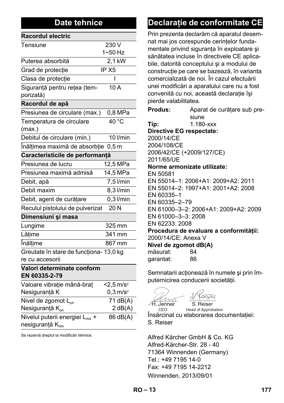 Date tehnice, Declaraţie de conformitate ce | Karcher K 5 Basic User Manual | Page 177 / 254