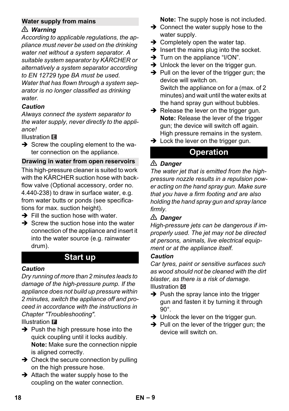 Water supply from mains, Drawing in water from open reservoirs, Start up | Operation, Start up operation | Karcher K 5 Basic User Manual | Page 18 / 254