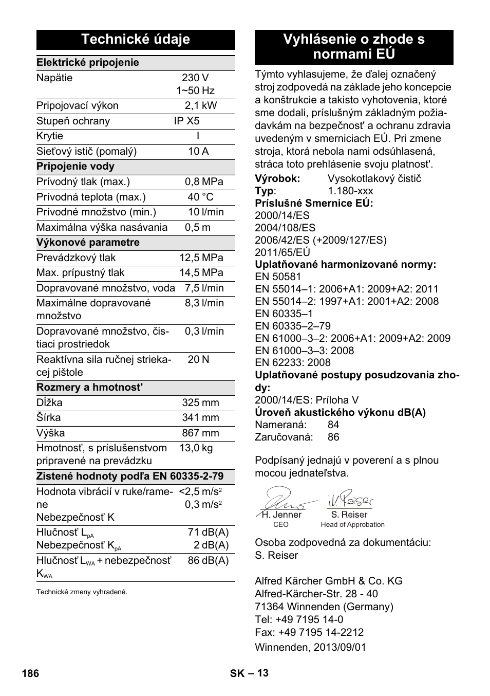 Technické údaje, Vyhlásenie o zhode s normami eú | Karcher K 5 Basic User Manual | Page 186 / 254