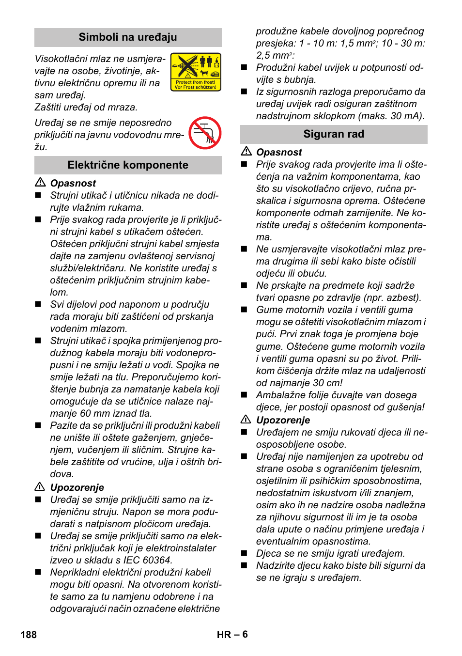 Simboli na uređaju, Električne komponente, Siguran rad | Karcher K 5 Basic User Manual | Page 188 / 254