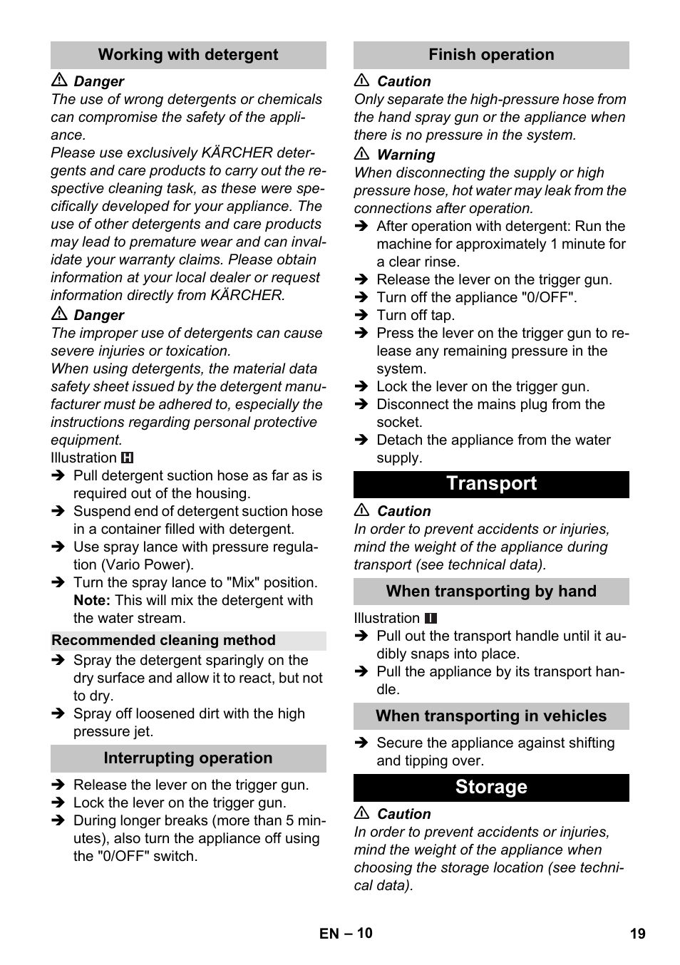 Working with detergent, Recommended cleaning method, Interrupting operation | Finish operation, Transport, When transporting by hand, When transporting in vehicles, Storage | Karcher K 5 Basic User Manual | Page 19 / 254