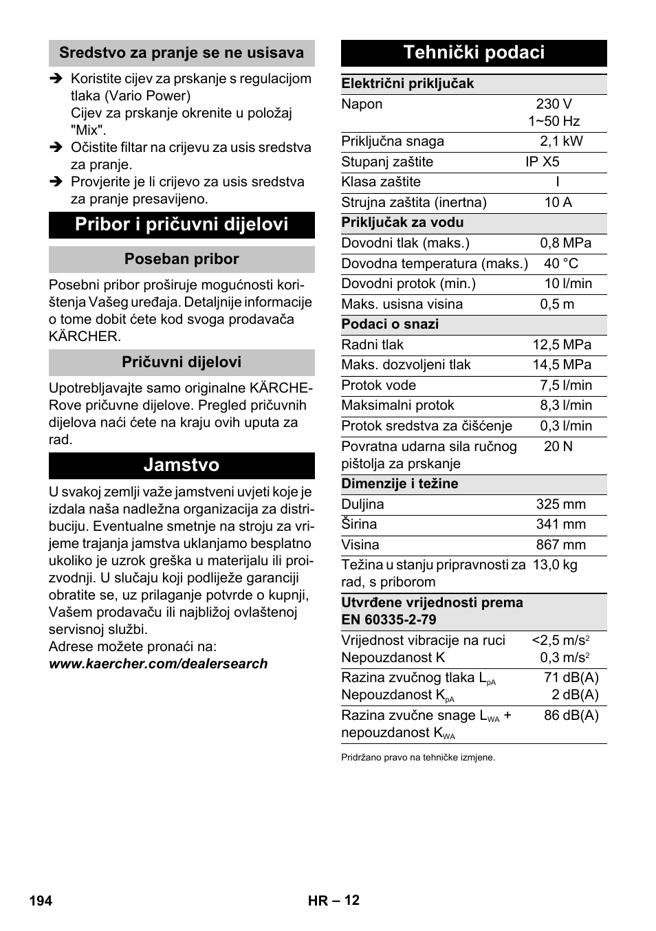 Sredstvo za pranje se ne usisava, Pribor i pričuvni dijelovi, Poseban pribor | Pričuvni dijelovi, Jamstvo, Tehnički podaci, Jamstvo tehnički podaci | Karcher K 5 Basic User Manual | Page 194 / 254