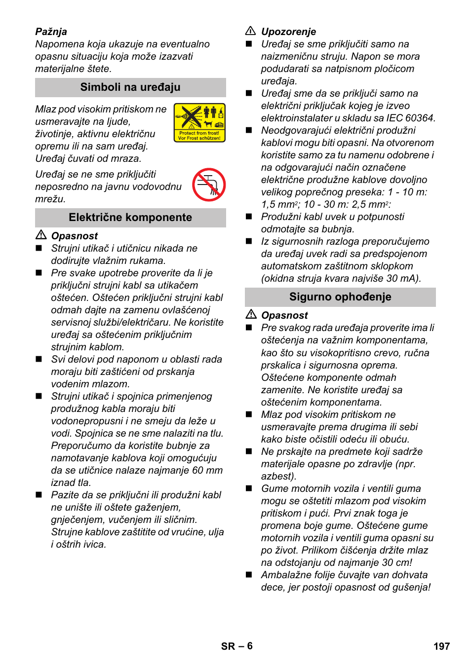 Simboli na uređaju, Električne komponente, Sigurno ophođenje | Karcher K 5 Basic User Manual | Page 197 / 254