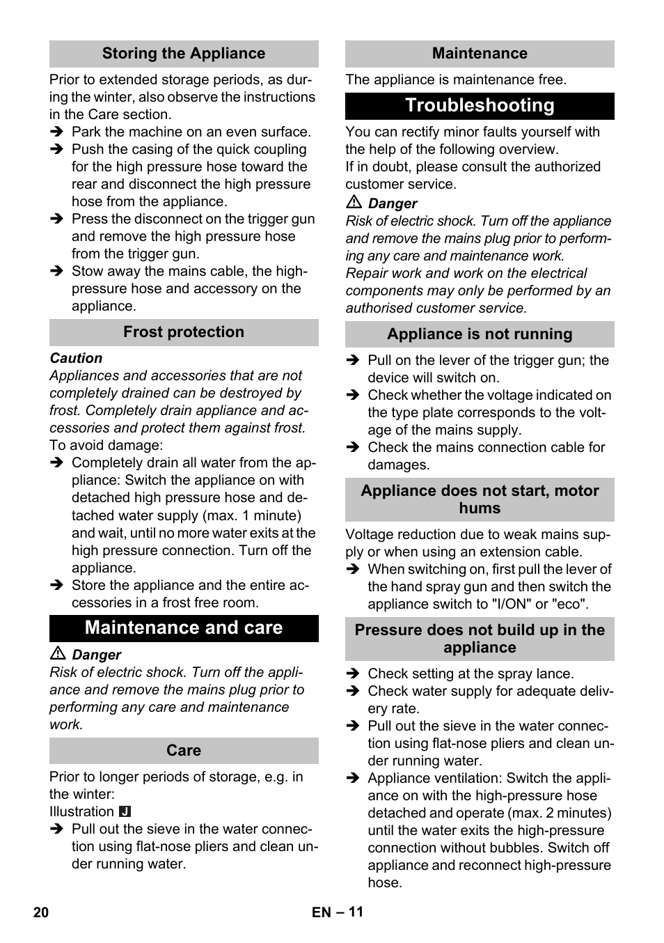 Storing the appliance, Frost protection, Maintenance and care | Care, Maintenance, Troubleshooting, Appliance is not running, Appliance does not start, motor hums, Pressure does not build up in the appliance | Karcher K 5 Basic User Manual | Page 20 / 254