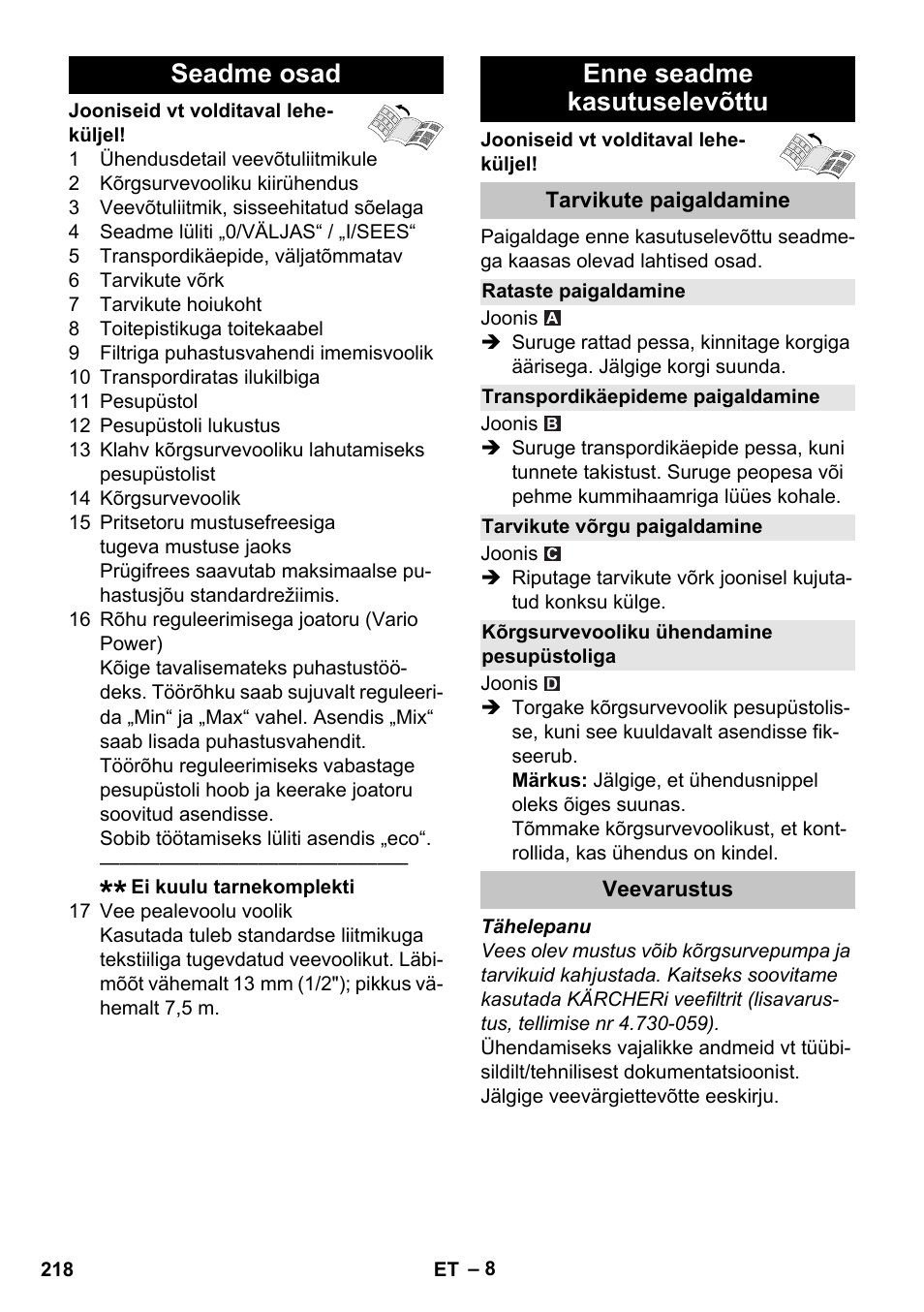 Seadme osad, Enne seadme kasutuselevõttu, Tarvikute paigaldamine | Rataste paigaldamine, Transpordikäepideme paigaldamine, Tarvikute võrgu paigaldamine, Kõrgsurvevooliku ühendamine pesupüstoliga, Veevarustus, Seadme osad enne seadme kasutuselevõttu | Karcher K 5 Basic User Manual | Page 218 / 254