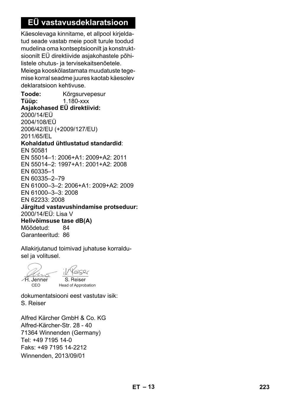 Eü vastavusdeklaratsioon | Karcher K 5 Basic User Manual | Page 223 / 254