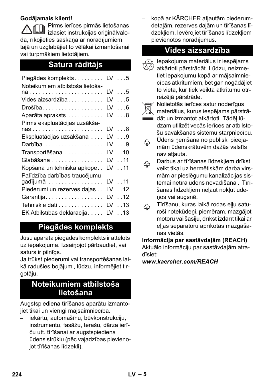 Latviešu, Satura rādītājs, Piegādes komplekts | Noteikumiem atbilstoša lietošana, Vides aizsardzība | Karcher K 5 Basic User Manual | Page 224 / 254