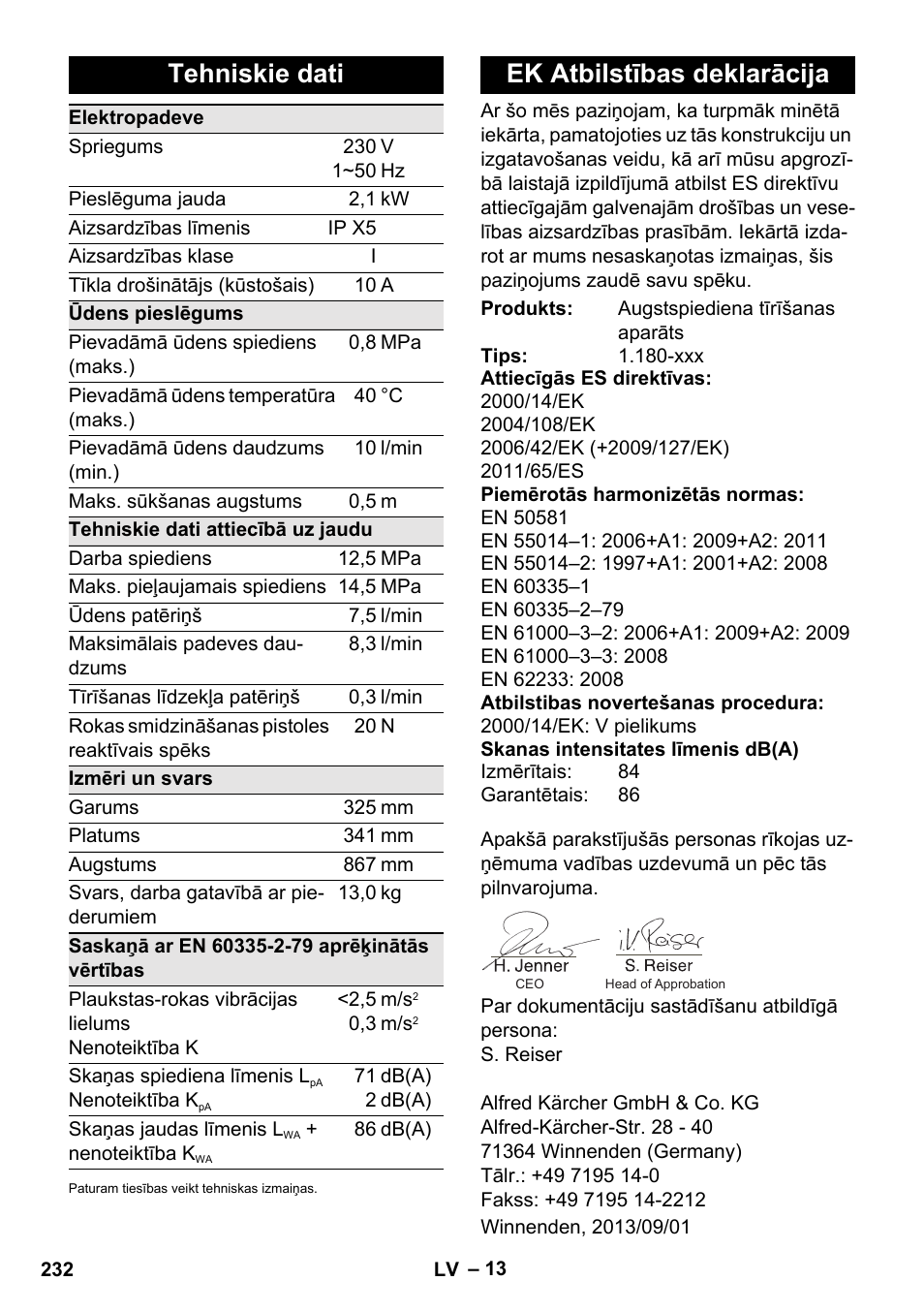 Tehniskie dati, Ek atbilstības deklarācija | Karcher K 5 Basic User Manual | Page 232 / 254