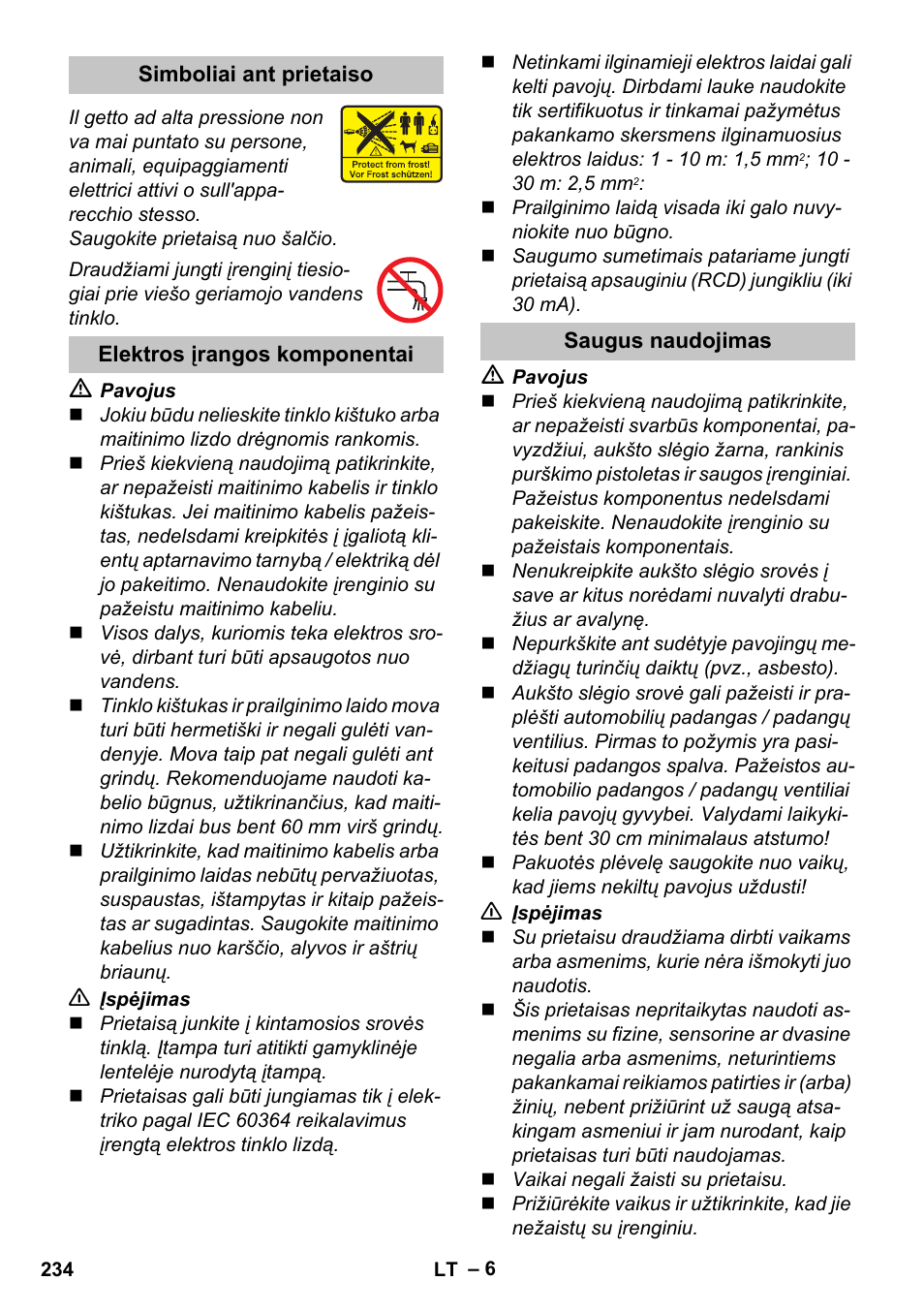 Simboliai ant prietaiso, Elektros įrangos komponentai, Saugus naudojimas | Karcher K 5 Basic User Manual | Page 234 / 254