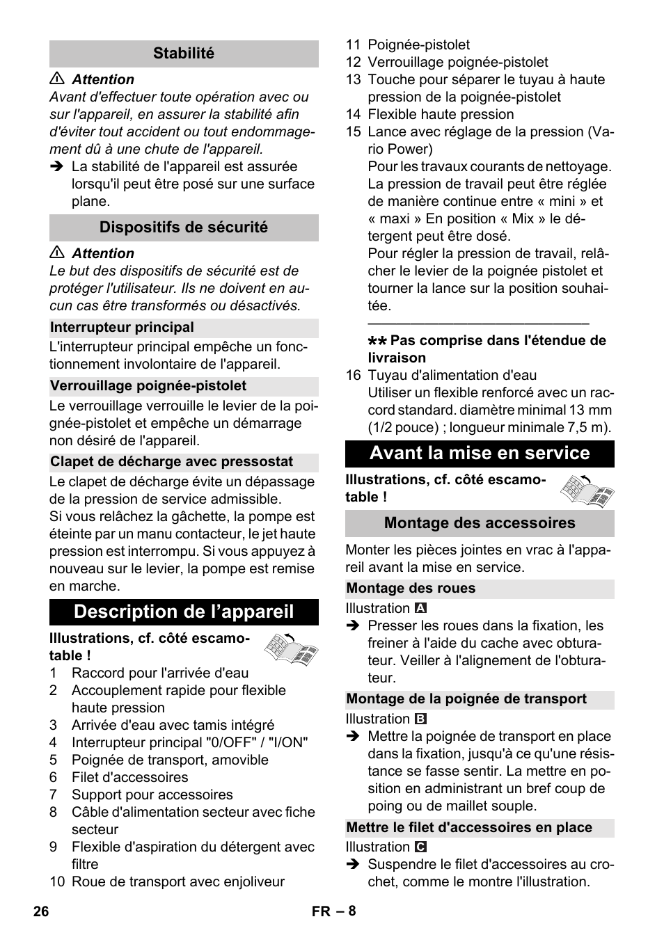 Stabilité, Dispositifs de sécurité, Interrupteur principal | Verrouillage poignée-pistolet, Clapet de décharge avec pressostat, Description de l’appareil, Avant la mise en service, Montage des accessoires, Montage des roues, Montage de la poignée de transport | Karcher K 5 Basic User Manual | Page 26 / 254
