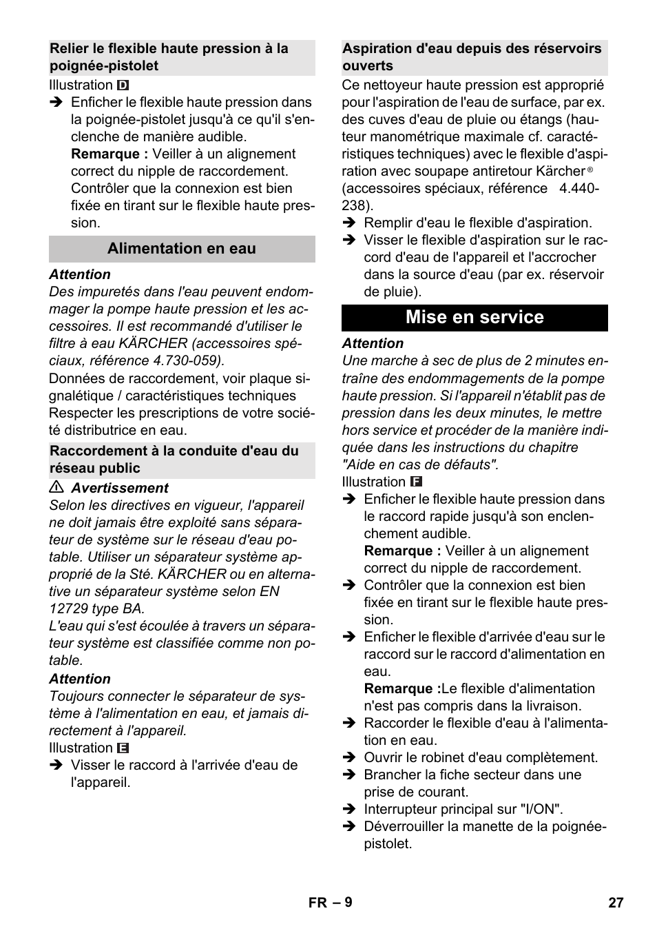 Alimentation en eau, Raccordement à la conduite d'eau du réseau public, Aspiration d'eau depuis des réservoirs ouverts | Mise en service | Karcher K 5 Basic User Manual | Page 27 / 254