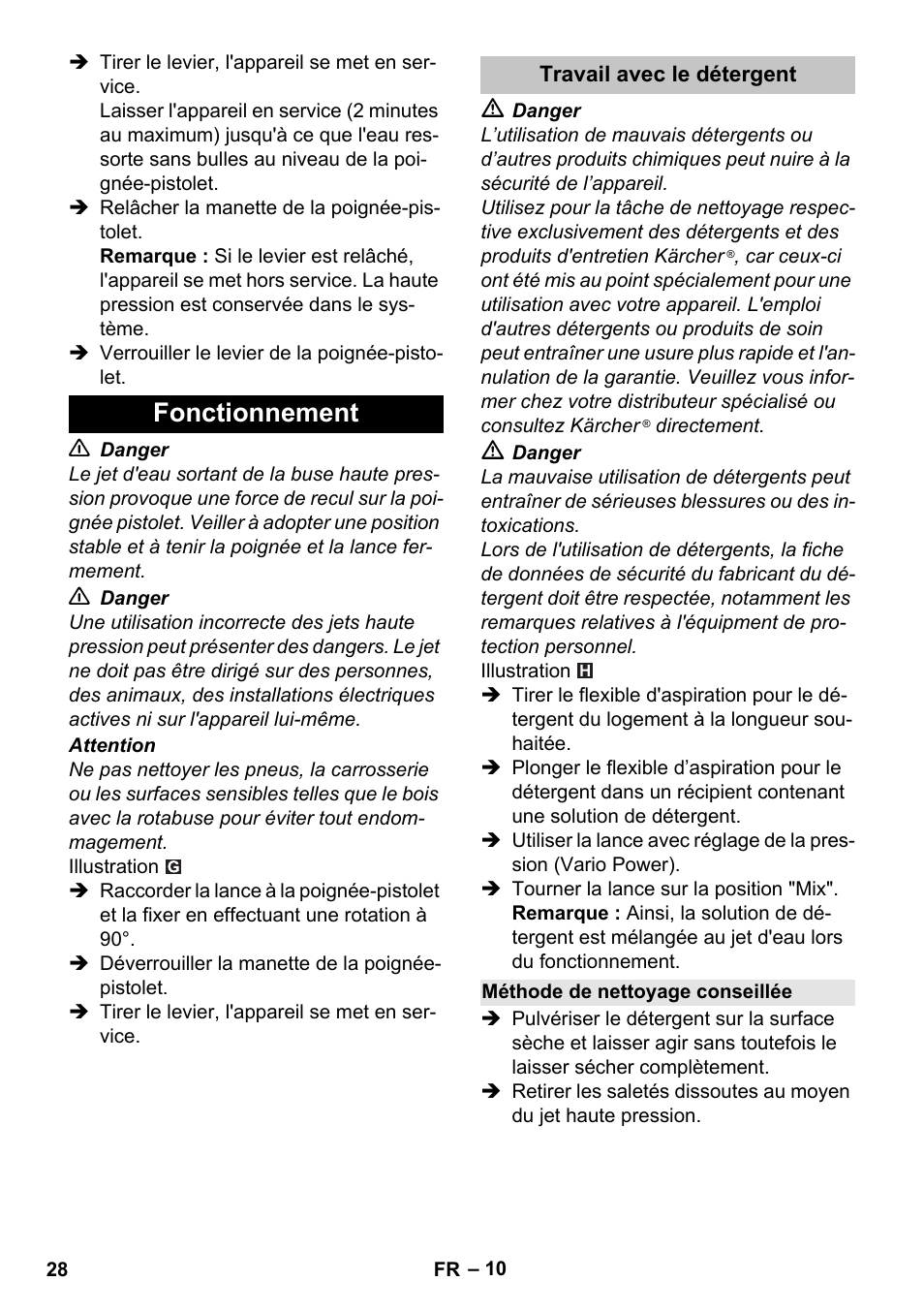 Fonctionnement, Travail avec le détergent, Méthode de nettoyage conseillée | Karcher K 5 Basic User Manual | Page 28 / 254