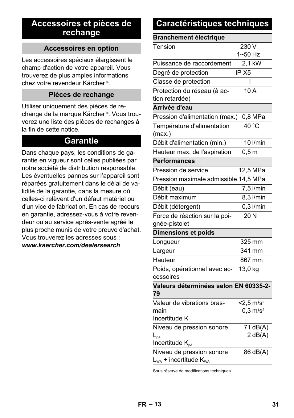 Accessoires et pièces de rechange, Accessoires en option, Pièces de rechange | Garantie, Caractéristiques techniques, Garantie caractéristiques techniques | Karcher K 5 Basic User Manual | Page 31 / 254