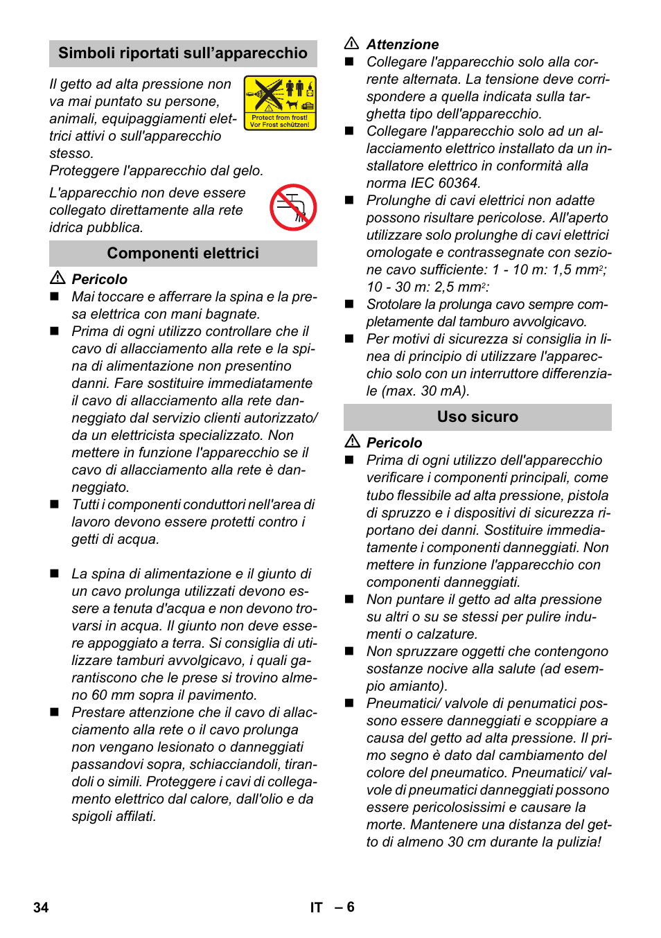 Simboli riportati sull’apparecchio, Componenti elettrici, Uso sicuro | Karcher K 5 Basic User Manual | Page 34 / 254