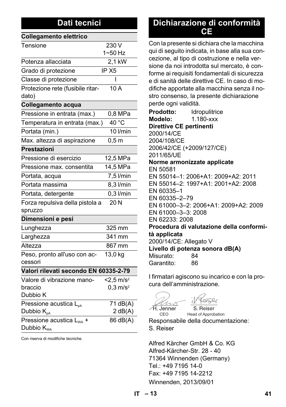 Dati tecnici, Dichiarazione di conformità ce | Karcher K 5 Basic User Manual | Page 41 / 254